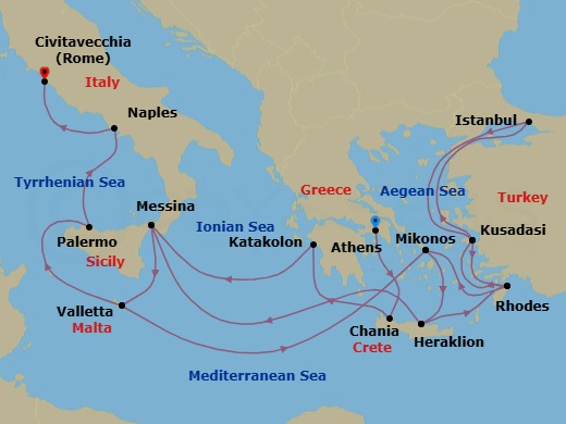 22 Night - The Best of the Mediterranean - Enchanted Princess - Starting in Athens (Piraeus), Greece, Crete (Chania), Greece, Katakolon (for Olympia), Greece, Sicily (Messina), Italy, Valletta, Malta, Mykonos, Greece, Crete (Heraklion), Greece, Rhodes, Greece, Kusadasi, Turkey (for Ephesus), Istanbul, Turkey, Kusadasi, Turkey (for Ephesus), Rhodes, Greece, Mykonos, Greece, Crete (Heraklion), Greece, Sicily (Messina), Italy, Valletta, Malta, Sicily (Palermo), Italy, Naples, Italy (for Capri and Pompeii), Civitavecchia (for Rome), Italy itinerary map