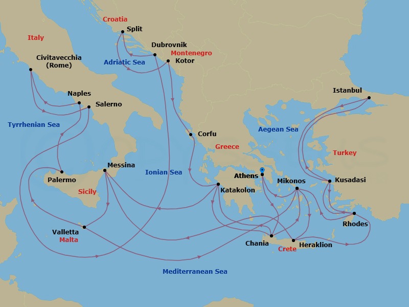 32 Night - The Best of the Mediterranean - Enchanted Princess - Starting in Athens (Piraeus), Greece, Crete (Chania), Greece, Katakolon (for Olympia), Greece, Sicily (Messina), Italy, Valletta, Malta, Mykonos, Greece, Crete (Heraklion), Greece, Rhodes, Greece, Kusadasi, Turkey (for Ephesus), Istanbul, Turkey, Kusadasi, Turkey (for Ephesus), Rhodes, Greece, Mykonos, Greece, Crete (Heraklion), Greece, Sicily (Messina), Italy, Valletta, Malta, Sicily (Palermo), Italy, Naples, Italy (for Capri and Pompeii), Civitavecchia (for Rome), Italy, Amalfi Coast (Salerno), Dubrovnik, Croatia, Split, Croatia, Kotor, Montenegro, Corfu, Greece, Katakolon (for Olympia), Greece, Crete (Chania), Greece, Mykonos, Greece, Athens (Piraeus), Greece itinerary map