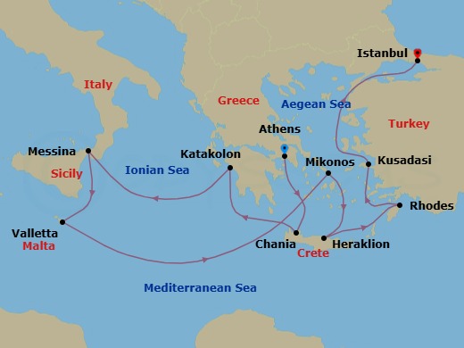 11 Night - Mediterranean with Greek Isles & Turkey - Enchanted Princess - Starting in Athens (Piraeus), Greece, Crete (Chania), Greece, Katakolon (for Olympia), Greece, Sicily (Messina), Italy, Valletta, Malta, Mykonos, Greece, Crete (Heraklion), Greece, Rhodes, Greece, Kusadasi, Turkey (for Ephesus), Istanbul, Turkey itinerary map