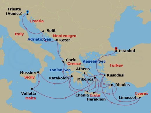 22 Night - The Best of the Mediterranean - Enchanted Princess - Starting in Trieste (for Venice), Italy, Split, Croatia, Kotor, Montenegro, Corfu, Greece, Katakolon (for Olympia), Greece, Crete (Chania), Greece, Mykonos, Greece, Rhodes, Greece, Limassol, Cyprus, Kusadasi, Turkey (for Ephesus), Athens (Piraeus), Greece, Crete (Chania), Greece, Katakolon (for Olympia), Greece, Sicily (Messina), Italy, Valletta, Malta, Mykonos, Greece, Crete (Heraklion), Greece, Rhodes, Greece, Kusadasi, Turkey (for Ephesus), Istanbul, Turkey itinerary map