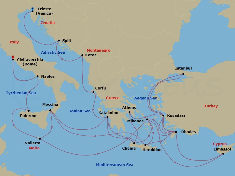 33 Night - The Best of the Mediterranean - Enchanted Princess - Starting in Trieste (for Venice), Italy, Split, Croatia, Kotor, Montenegro, Corfu, Greece, Katakolon (for Olympia), Greece, Crete (Chania), Greece, Mykonos, Greece, Rhodes, Greece, Limassol, Cyprus, Kusadasi, Turkey (for Ephesus), Athens (Piraeus), Greece, Crete (Chania), Greece, Katakolon (for Olympia), Greece, Sicily (Messina), Italy, Valletta, Malta, Mykonos, Greece, Crete (Heraklion), Greece, Rhodes, Greece, Kusadasi, Turkey (for Ephesus), Istanbul, Turkey, Kusadasi, Turkey (for Ephesus), Rhodes, Greece, Mykonos, Greece, Crete (Heraklion), Greece, Sicily (Messina), Italy, Valletta, Malta, Sicily (Palermo), Italy, Naples, Italy (for Capri and Pompeii), Civitavecchia (for Rome), Italy itinerary map