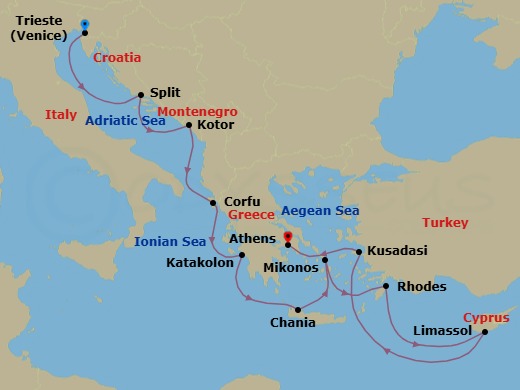 11 Night - Mediterranean with Greek Isles & Adriatic - Enchanted Princess - Starting in Trieste (for Venice), Italy, Split, Croatia, Kotor, Montenegro, Corfu, Greece, Katakolon (for Olympia), Greece, Crete (Chania), Greece, Mykonos, Greece, Rhodes, Greece, Limassol, Cyprus, Kusadasi, Turkey (for Ephesus), Athens (Piraeus), Greece itinerary map