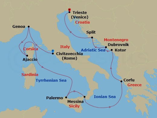10 Night - Mediterranean with Italy & Croatia - Enchanted Princess - Starting in Civitavecchia (for Rome), Italy, Genoa (for Cinque Terre), Italy, Corsica (Ajaccio), France, Sicily (Palermo), Italy, Sicily (Messina), Italy, Corfu, Greece, Kotor, Montenegro, Dubrovnik, Croatia, Split, Croatia, Trieste (for Venice), Italy itinerary map