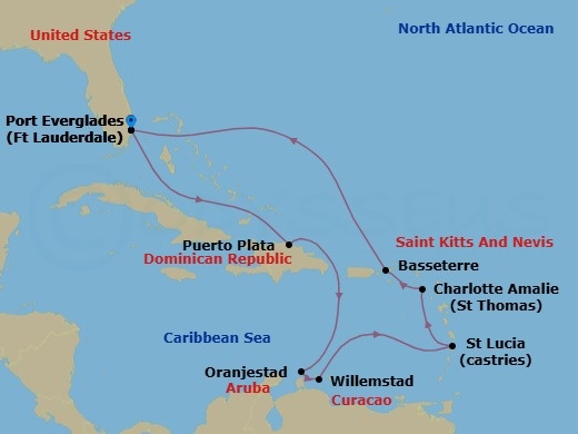 12 Night - Ultimate Southern Caribbean - Celebrity Eclipse - Starting in Fort Lauderdale, Florida, Puerto Plata, Dominican Republic, Oranjestad, Aruba, Willemstad AN, Curacao, Castries, St Lucia, Basseterre, St Kitts and Nevis, Charlotte Amalie, St Thomas, Fort Lauderdale, Florida itinerary map