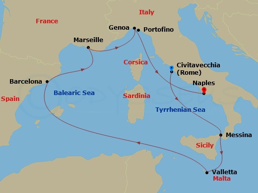 7 Night - Mediterranean - MSC World Asia - Starting in Civitavecchia (Rome), Italy, Messina (Taormina), Italy, La Valletta, Malta, Barcelona, Spain, Marseille (Provence), France, Genoa (Portofino), Italy, Naples (Pompeii), Italy itinerary map