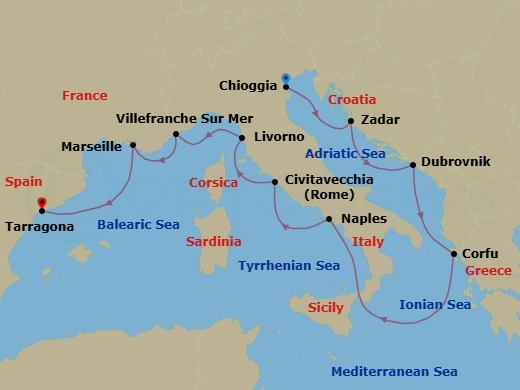 12 Night - Mediterranean Odyssey - Viking Star - Starting in Venice (Chioggia), Zadar, Dubrovnik, Croatia, Corfu (Kerkyra), Sail the Ionian Sea, Naples, Rome (Civitavecchia), Florence / Pisa (Livorno), Villefranche-Sur-Mer, Marseille, Barcelona (Tarragona) itinerary map