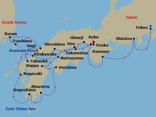20 Night - Discover Iconic Cities and Hidden Gems : Tokyo to Osaka - Emerald Xara - Starting in Tokyo, Japan, Shimizu, Japan, Kumano, Japan, Kobe, Japan, Uno-Ko, Japan, Hiroshima, Japan, Kitakyushu, Japan, Fukuoka, Japan, Hagi, Japan, Busan, South Korea, Tsushima Island, Japan, Nagasaki, Japan, Kagoshima, Japan, Aburatsu, Japan, Uwajima, Japan, Beppu, Japan, Matsuyama, Japan, Takamatsu, Japan, Himeji, Japan, Osaka, Japan itinerary map