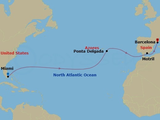 12 Night - Repo - Transatlantic - Norwegian Jewel - Starting in Miami, Fl, Ponta Delgada, Portugal, Motril, Spain, Barcelona, Spain itinerary map