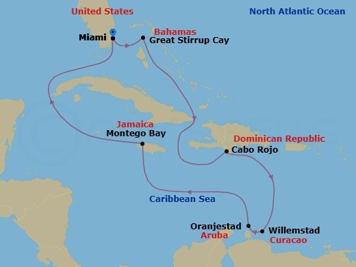 9 Night - Southern Caribbean - Miami - Norwegian Jewel - Starting in Miami, Fl, Great Stirrup Cay, Bahamas, Cabo Rojo, Dominican Republic, Willemstad AN, Netherlands Antilles, Oranjestad, Aruba, Montego Bay, Jamaica, Miami, Fl itinerary map