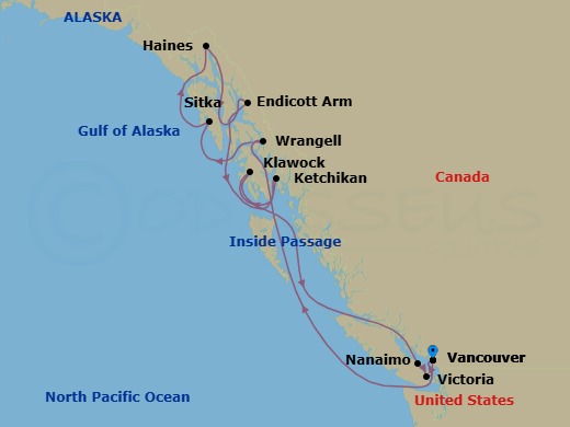 11 Night - Alaska Cruise : Wrangell, Sitka & Klawock - Azamara Pursuit - Starting in Vancouver, British Columbia, Cruising Inside Passage, Wrangell, Sitka, Alaska, Haines, Alaska, Cruising Endicott Arm, Alaska, Ketchikan (Ward Cove), Alaska, Klawock, Alaska, Cruising Inside Passage, Nanaimo, British Columbia, Victoria CA, Canada, Vancouver, British Columbia itinerary map
