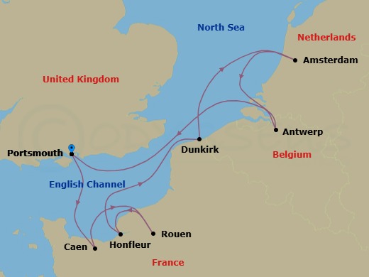 9 Night - France, Netherlands & Belgium Cruise : Rouen, Amsterdam & Antwerp - Azamara Journey - Starting in Portsmouth UK, Caen, Rouen (Paris), Honfleur, Dunkirk, Amsterdam (Ijmuiden), Antwerp, Portsmouth UK itinerary map