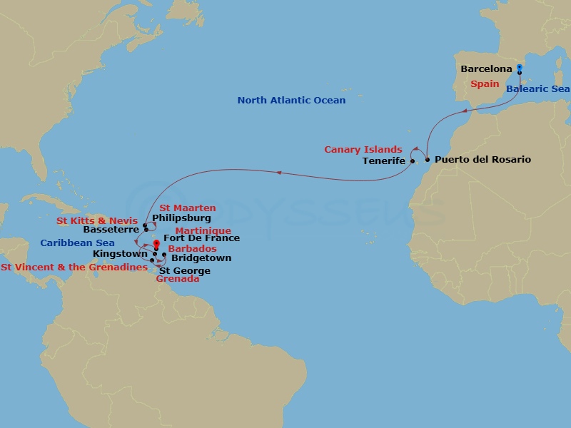 17 Night - Msc Grand Voyages - MSC World Europa - Starting in Barcelona, Spain, Puerto Del Rosario / Fuerteventura, Spain, Santa Cruz de Tenerife, Philipsburg, St Maarten, Basseterre, St Kitts and Nevis, Kingstown, St Vincent and the Grenadines, Bridgetown, Barbados, Saint George, Grenada, Fort-de-France, Martinique itinerary map