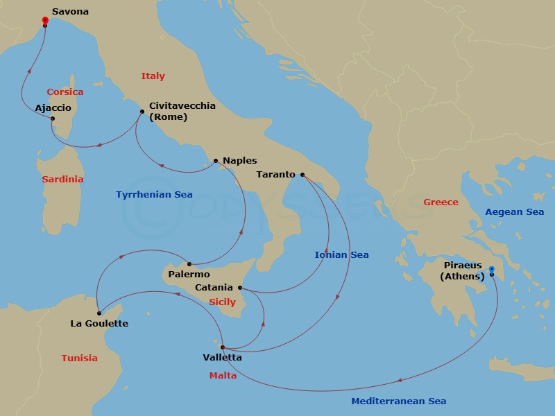 11 Night - Western Mediterranean from Athens (Pireo) - Costa Fascinosa - Starting in Athens (Piraeus), Malta / La Valletta, Catania, Taranto, Malta / La Valletta, La Goulette, Palermo, Napoli, Civitavecchia (Rome), Ajaccio, Savona itinerary map