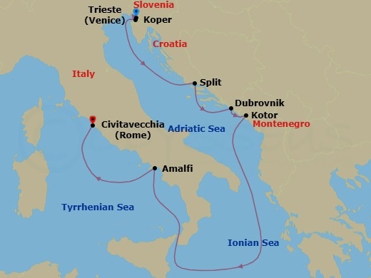 7 Night - Italy, Croatia & the Adriatic - Brilliance of the Seas - Starting in Trieste, Italy, Koper, Slovenia, Split, Croatia, Dubrovnik, Croatia, Kotor, Montenegro, Amalfi Coast (Salerno), Italy, Rome (Civitavecchia), Italy itinerary map