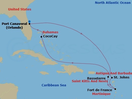 9 Night - Perfect Day Cococay & East Carib - Adventure of the Seas - Starting in Orlando (Port Canaveral), Fl, Basseterre, St Kitts and Nevis, Fort-De-France, Martinique, St Johns AG, Antigua, Perfect Day Cococay, Bahamas, Orlando (Port Canaveral), Fl itinerary map