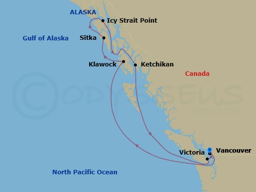 8 Night - Canada & Alaska Cruise : Vancouver, Klawock & Icy Strait Point - Azamara Pursuit - Starting in Vancouver, British Columbia, Cruising Inside Passage, Klawock, Alaska, Sitka, Alaska, Icy Strait Point, Alaska, Ketchikan (Ward Cove), Alaska, Cruising Inside Passage, Victoria CA, Canada, Vancouver, British Columbia itinerary map