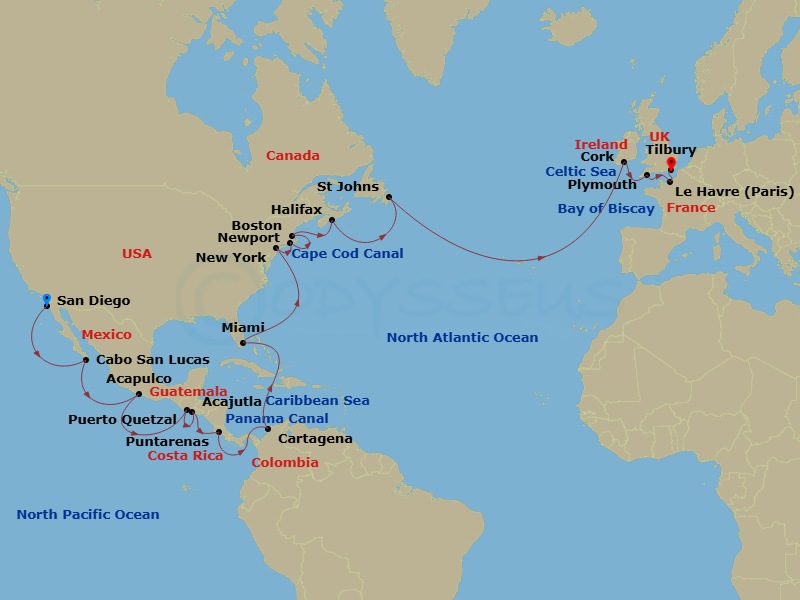 35 Night - San Diego to London Grand Voyage - Azamara Quest - Starting in San Diego, Cabo San Lucas, Acapulco, Puerto Quetzal, Acajutla, Puntarenas, Panama Canal (Cruising), Cartagena CO, Miami, Florida, New York City, New York, Newport, Rhode Island, Cape Cod Canal Cruising, Boston, Massachusetts, Halifax, Nova Scotia, St Johns NF, Newfoundland, Cork (Cobh), Plymouth, England, Le Havre, London (Tilbury), England itinerary map