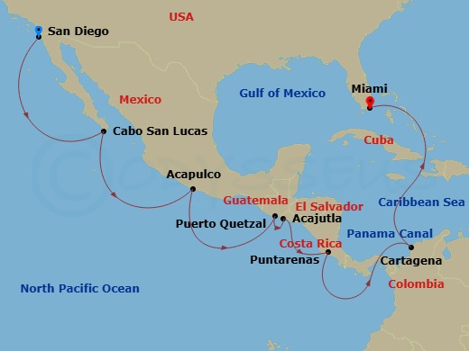 17 Night - Panama Canal & Latin America Cruise : Mexico, Costa Rica & Colombia - Azamara Quest - Starting in San Diego, Cabo San Lucas, Acapulco, Puerto Quetzal, Acajutla, Puntarenas, Panama Canal (Cruising), Cartagena CO, Miami, Florida itinerary map