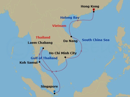19 Night - Southeast Asia Cruise : Bangkok, Ho Chi Minh City & Hong Kong - Azamara Quest - Starting in Singapore, Bangkok (Laem Chabang), Koh Samui, Ho Chi Minh City, Hue (Da Nang), Ha Long Bay, Hong Kong itinerary map