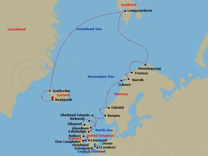 28 Night - Iceland, Norway & British Isles - Viking Mira - Starting in London (Greenwich), Dover UK, Scenic Sailing English Channel, Dublin (Dun Laoghaire), Holyhead, Liverpool, Belfast, The Highlands (Ullapool), Orkney Islands (Kirkwall), Edinburgh (Newhaven Harbour), Aberdeen, Shetland Islands (Lerwick), Bergen, Eidsdal, Scenic Sailing Norwegian Inside Passage, Lofoten (Leknes), Narvik, Tromso, Honningsvag, Sail the North Sea, Longyearbyen, Sail the Norwegian Sea, Isafjordur, Reykjavik itinerary map