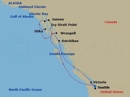 11 Night - Alaska Roundtrip from Seattle - Queen Elizabeth - Starting in Seattle, WA, Ketchikan, AK, Juneau, AK, Glacier Bay, AK, (Scenic Cruising), Hubbard Glacier, AK, (Scenic Cruising), Icy Strait Point, AK, Sitka, AK, Wrangell, AK, Victoria CA, Canada, Seattle, WA itinerary map