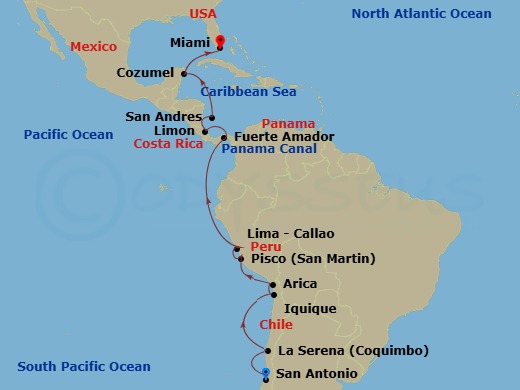 19 Night - Southern America & Panama Canal Cruise : Lima, Panama City & Cozumel - Azamara Journey - Starting in San Antonio Cl, Coquimbo, Iquique, Arica, Pisco, Callao (Lima), Panama City (Fuerte Amador), Panama Canal (Cruising), Puerto Limon, Isla San Andres, Cozumel, Mexico, Miami, Florida itinerary map