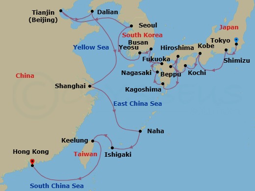 29 Night - Asia Combination Cruise : Tokyo, Seoul & Beijing - Azamara Pursuit - Starting in Tokyo, Mount Fuji (Shimizu), Kobe, Kochi, Hiroshima, Beppu, Kagoshima, Nagasaki, Fukuoka, Busan, Yeosu, Seoul (Incheon), Beijing (Tianjin), Dalian, Shanghai, Naha, Okinawa, Ishigaki, Taipei (Keelung), Hong Kong itinerary map