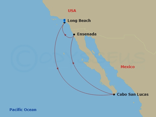5 Night - Mexican Riviera - Carnival Radiance - Starting in Long Beach (Los Angeles), Ca, Cabo San Lucas, Mexico, Ensenada, Mexico, Ship Meetup, Long Beach (Los Angeles), Ca itinerary map