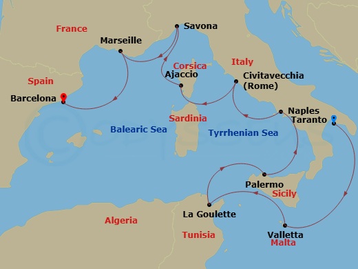 9 Night - Western Mediterranean from Taranto - Costa Fascinosa - Starting in Taranto, Malta / La Valletta, La Goulette, Palermo, Napoli, Civitavecchia (Rome), Ajaccio, Savona, Marseille, Barcelona itinerary map