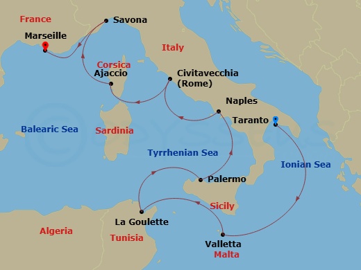 8 Night - Western Mediterranean from Taranto - Costa Fascinosa - Starting in Taranto, Malta / La Valletta, La Goulette, Palermo, Napoli, Civitavecchia (Rome), Ajaccio, Savona, Marseille itinerary map