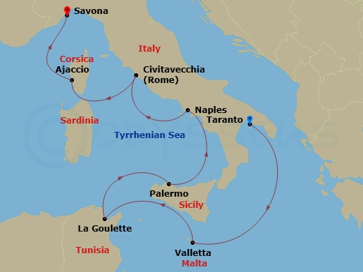 7 Night - Western Mediterranean from Taranto - Costa Fascinosa - Starting in Taranto, Malta / La Valletta, La Goulette, Palermo, Napoli, Civitavecchia (Rome), Ajaccio, Savona itinerary map