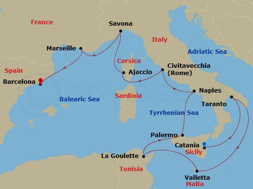 10 Night - Western Mediterranean from Catania - Costa Fascinosa - Starting in Catania, Taranto, Malta / La Valletta, La Goulette, Palermo, Napoli, Civitavecchia (Rome), Ajaccio, Savona, Marseille, Barcelona itinerary map