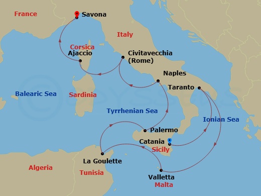8 Night - Western Mediterranean from Catania - Costa Fascinosa - Starting in Catania, Taranto, Malta / La Valletta, La Goulette, Palermo, Napoli, Civitavecchia (Rome), Ajaccio, Savona itinerary map