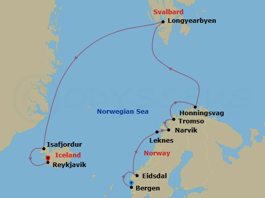 14 Night - Iceland & Norway's Arctic Explorer - Viking Mira - Starting in Bergen, Eidsdal, Scenic Sailing Norwegian Inside Passage, Lofoten (Leknes), Narvik, Tromso, Honningsvag, Sail the North Sea, Longyearbyen, Sail the Norwegian Sea, Isafjordur, Reykjavik itinerary map