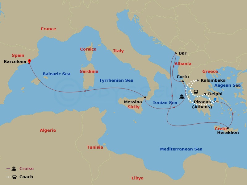 11 Night - Best of Greece - Tour 5A - Sun Princess Tours - Starting in Athens (Piraeus), Greece, Delphi, Greece, Kalambaka, Greece, Athens (Piraeus), Greece, Crete (Heraklion), Greece, Montenegro, Corfu, Greece, Sicily (Messina), Italy, Barcelona, Spain itinerary map