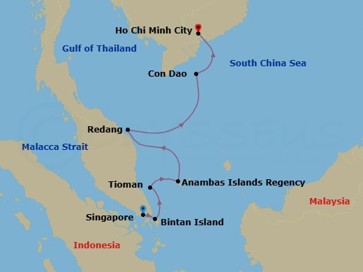 10 Night - Singapore to Saigon : Coastal Gems - Emerald Xara - Starting in Singapore, Pulau Bintan, Indonesia, Pulau Tioman (Tekek Bay), Malaysia, Anambas Archipelago, Indonesia, Pulau Redang, Malaysia, Con Dao, Vietnam, Ho Chi Minh City (Saigon), Vietnam itinerary map
