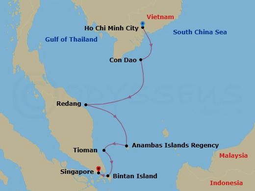 10 Night - Saigon to Singapore : Coastal Gems - Emerald Xara - Starting in Ho Chi Minh City (Saigon), Vietnam, Con Dao, Vietnam, Pulau Redang, Malaysia, Anambas Archipelago, Indonesia, Pulau Tioman (Tekek Bay), Malaysia, Pulau Bintan, Indonesia, Singapore itinerary map