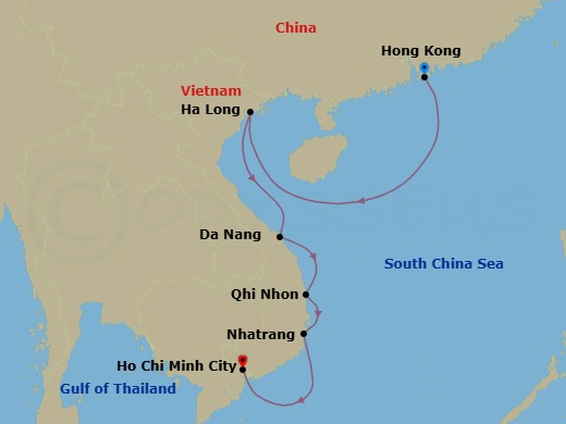 10 Night - Hong Kong to Saigon : a Cultural Escape - Emerald Xara - Starting in Hong Kong, China, Ha Long, Vietnam, Da Nang (Hue), Vietnam, Quy Nhon, Vietnam, Nha Trang, Vietnam, Ho Chi Minh City, Vietnam itinerary map