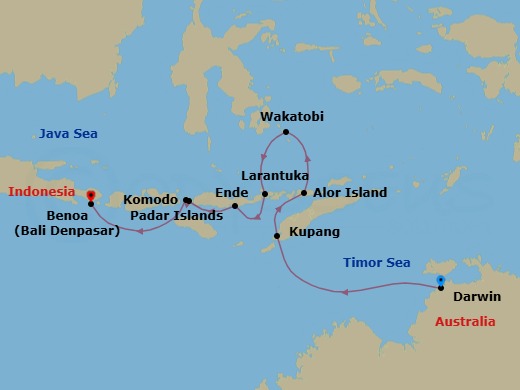 12 Night - Komodo Island & the Coral Sea : Darwin to Bali - Emerald Xara - Starting in Darwin, Northern Territory, Australia, Kupang, West Timor Island, Indonesia, Alor Island, Kalabahi, Indonesia, Wakatobi Marine Park, Indonesia, Larantuka, Flores Island, Indonesia, Ende, Flores Island, Indonesia, Pulau Padar, Indonesia, Komodo National Park / Komodo Island and Pink Beach, Indonesia, Saleh Bay, Indonesia, Bali, Indonesia itinerary map