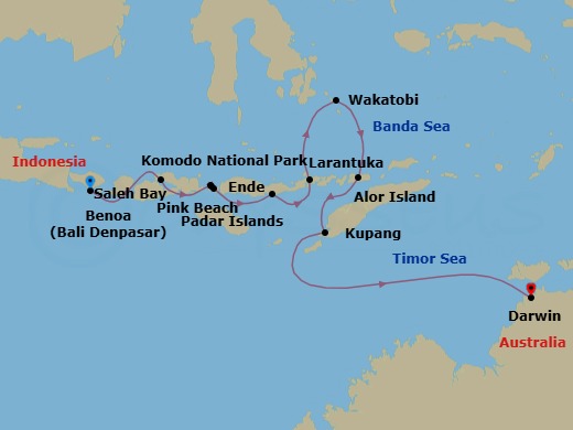 12 Night - Komodo Island & the Coral Sea : Bali to Darwin - Emerald Xara - Starting in Bali, Indonesia, Saleh Bay, Indonesia, Komodo National Park, Komodo Island / Pink Beach, Indonesia, Pulau Padar, Indonesia, Ende, Flores Island, Indonesia, Larantuka, Flores Island, Indonesia, Wakatobi Marine Park, Indonesia, Alor Island, Kalabahi, Indonesia, Kupang, West Timor Island, Indonesia, Darwin, Northern Territory, Australia itinerary map