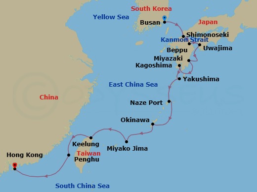 14 Night - Temples and Treasures : Busan to Hong Kong - Emerald Xara - Starting in Busan, South Korea, Shimonoseki, Japan, Beppu, Japan, Uwajima, Japan, Miyazaki, Japan, Kagoshima, Japan, Yakushima, Japan, Naze, Amami Oshima Island, Japan, Naha, Okinawa Island, Japan, Miyakojima, Japan, Keelung (Taipei), Taiwan, Magong, Penghu Islands, Taiwan, Hong Kong itinerary map