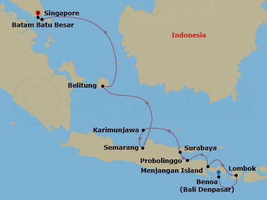 12 Night - Indonesian Odyssey : Bali to Singapore - Emerald Xara - Starting in Bali, Indonesia, Lombok, Indonesia, Menjangan Island, Indonesia, Probolinggo, Java, Indonesia, Surabaya, Java, Indonesia, Karimun Jawa Archipelago, Indonesia, Semarang, Java, Indonesia, Belitung Island, Indonesia, Batam Island, Indonesia, Singapore itinerary map
