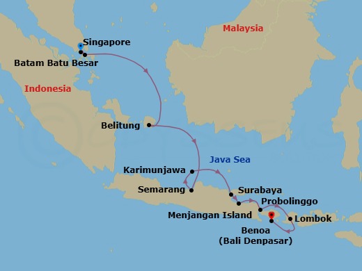 12 Night - Indonesian Odyssey : Singapore to Bali - Emerald Xara - Starting in Singapore, Batam Island, Indonesia, Belitung Island, Indonesia, Semarang, Java, Indonesia, Karimun Jawa Archipelago, Surabaya, Java, Indonesia, Probolinggo, Java, Indonesia, Menjangan Island, Indonesia, Lombok, Indonesia, Bali, Indonesia itinerary map