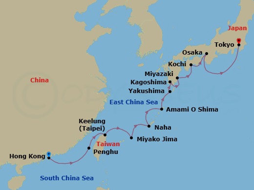 14 Night - Hong Kong to Tokyo Uncovered - Emerald Xara - Starting in Hong Kong, China, Penghu Islands, Taiwan, Taipei, Taiwan, Miyakojima, Japan, Naha, Japan, Amami islands, Japan, Yakushima, Japan, Kagoshima, Japan, Miyazaki, Japan, Kochi, Japan, Osaka, Japan, Tokyo, Japan itinerary map