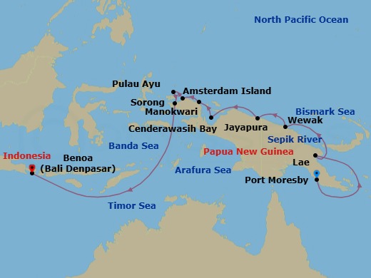 13 Night - Hidden Paradise of Indonesia - Emerald Xara - Starting in Port Moresby, Papua New Guinea, Port Moresby, Papua New Guinea / Lae, Papua New Guinea, Sepik River, Papua New Guinea, Wewak, Papua New Guinea, Jayapura, Indonesia, Cenderawasih Bay, Indonesia, Manokwari, Indonesia, Amsterdam Island, Indonesia, Ayu Atoll, Indonesia, Sorong, Southwest Papua, Indonesia / Bali, Indonesia, Bali, Indonesia itinerary map