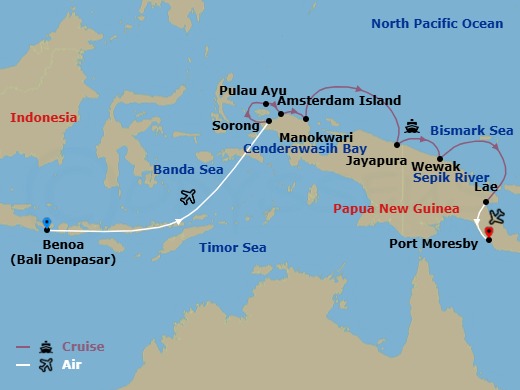 13 Night - Hidden Paradise of Indonesia - Emerald Xara - Starting in Bali, Indonesia, Bali, Indonesia / Sorong, Southwest Papua, Indonesia, Ayu Atoll, Indonesia, Amsterdam Island, Indonesia, Manokwari, Indonesia, Cenderawasih Bay, Indonesia, Jayapura, Indonesia / Vanimo, Papua New Guinea, Wewak, Papua New Guinea, Sepik River, Papua New Guinea, Lae, Papua New Guinea / Port Moresby, Papua New Guinea, Port Moresby, Papua New Guinea itinerary map