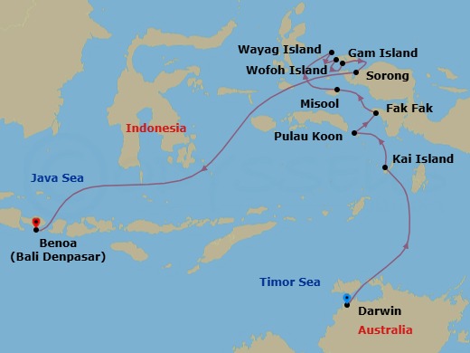12 Night - Raja Ampat & West Papua Adventure - Emerald Xara - Starting in Darwin, Northern Territory, Australia, Kai Islands, Indonesia, Triton Bay, Indonesia, Pulau Koon, Indonesia, Fakfak, Indonesia, Misool Island, Raja Ampat Islands, Indonesia, Pulau Penemu, Raja Ampat Islands, Indonesia, Wayag Island, Raja Ampat Islands, Indonesia, Wofoh Island, Raja Ampat Islands, Indonesia, Kri / Gam Island, Raja Ampat Islands, Indonesia, Sorong, Southwest Papua, Indonesia / Bali, Indonesia, Bali, Indonesia itinerary map