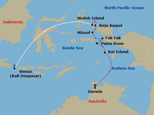 12 Night - West Papua & Raja Ampat Adventure - Emerald Xara - Starting in Bali, Indonesia, Bali, Indonesia / Sorong, Southwest Papua, Indonesia, Gam Island / Kri, Raja Ampat Islands, Indonesia, Wofoh Island, Raja Ampat Islands, Indonesia, Wayag Island, Raja Ampat Islands, Indonesia, Pulau Penemu, Raja Ampat Islands, Indonesia, Misool Island, Raja Ampat Islands, Indonesia, Fakfak, Indonesia, Pulau Koon, Indonesia, Triton Bay, Indonesia, Kai Islands, Indonesia, Darwin, Northern Territory, Australia itinerary map