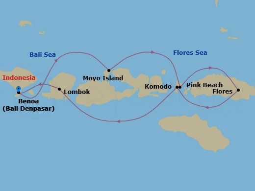 7 Night - Beyond Bali : the Golden Passage - Emerald Xara - Starting in Bali, Indonesia, Moyo Island, Indonesia, Pink Beach / Horseshoe Bay, Indonesia, Flores Island, Indonesia, Komodo Island / Makassar Reef, Indonesia, Lombok, Indonesia, Bali, Indonesia itinerary map