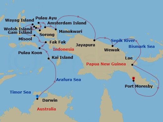 23 Night - Discover the Heart of the Pacific - Emerald Xara - Starting in Darwin, Northern Territory, Australia, Kai Islands, Indonesia, Triton Bay, Indonesia, Pulau Koon, Indonesia, Fakfak, Indonesia, Misool Island, Raja Ampat Islands, Indonesia, Pulau Penemu, Raja Ampat Islands, Indonesia, Wayag Island, Raja Ampat Islands, Indonesia, Wofoh Island, Raja Ampat Islands, Indonesia, Kri / Gam Island, Raja Ampat Islands, Indonesia, Sorong, Indonesia, Ayu Atoll, Indonesia, Amsterdam Island, Indonesia, Manokwari, Indonesia, Cenderawasih Bay, Indonesia, Jayapura, Indonesia / Vanimo, Papua New Guinea, Wewak, Papua New Guinea, Sepik River, Papua New Guinea, Lae, Papua New Guinea / Port Moresby, Papua New Guinea, Port Moresby, Papua New Guinea itinerary map